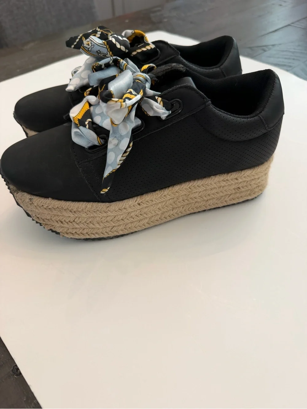 Menina Black Platform Espadrille Sneakers with Patterned Scarf Laces